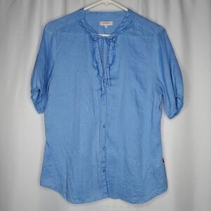 Jackpot Linen Tie Neck Button Top Women Large Puff Tie Ruffle Feminine Coastal